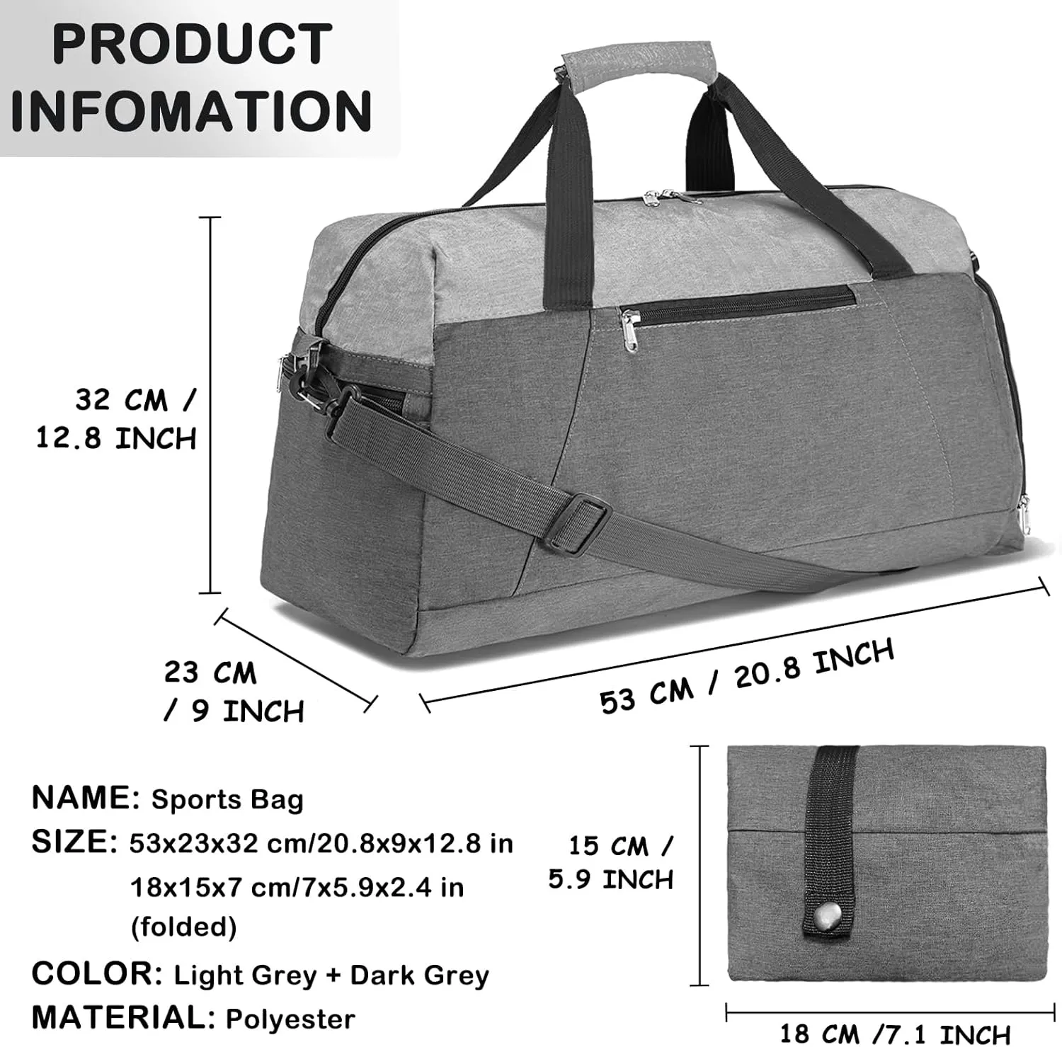 Gym Bags for Women Men with Wet & Shoe Compartment, 40L Foldable Travel Duffle Bag, Lightweight Weekender Overnight Duffel Bag for Traveling Sports Gym(Grey)