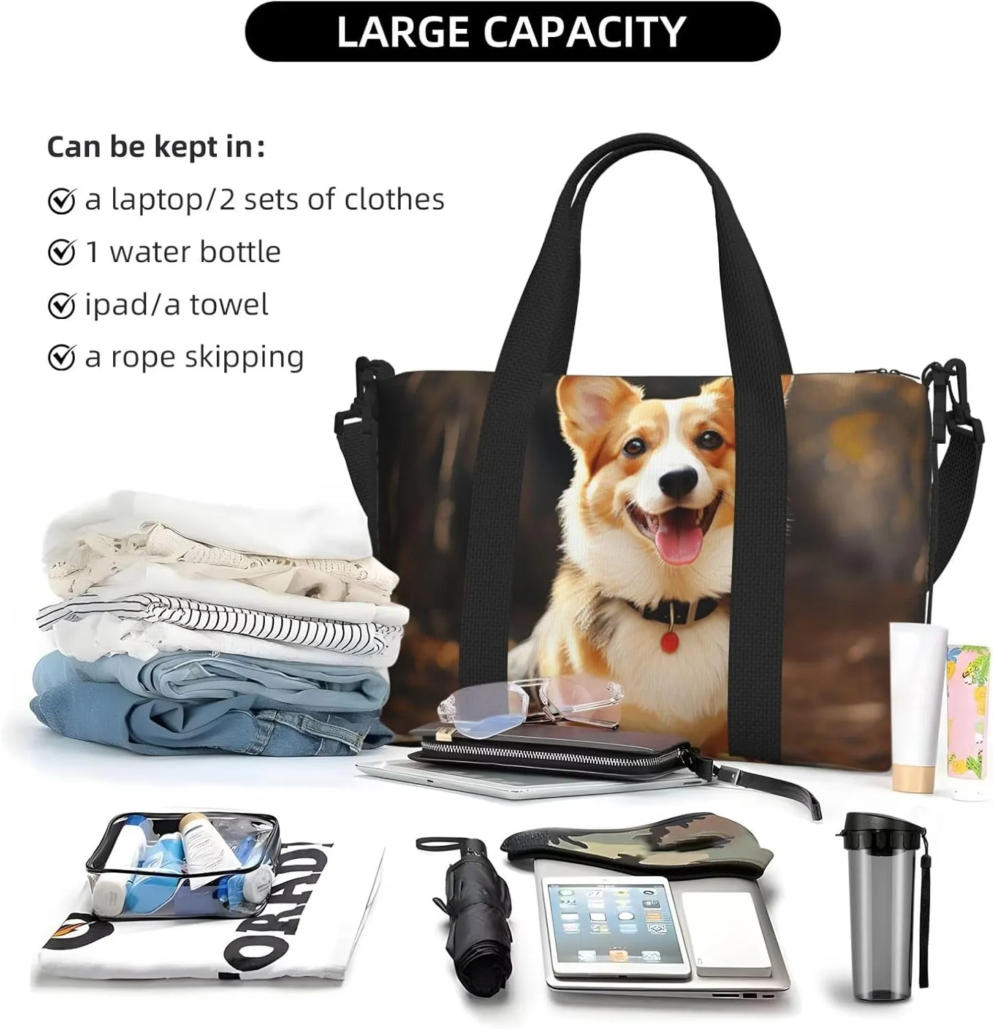 Gym Bags Small Corgi Dog Duffel Bag Overnight Bag with Shoe Compartment Carryon Bag for Men Women
