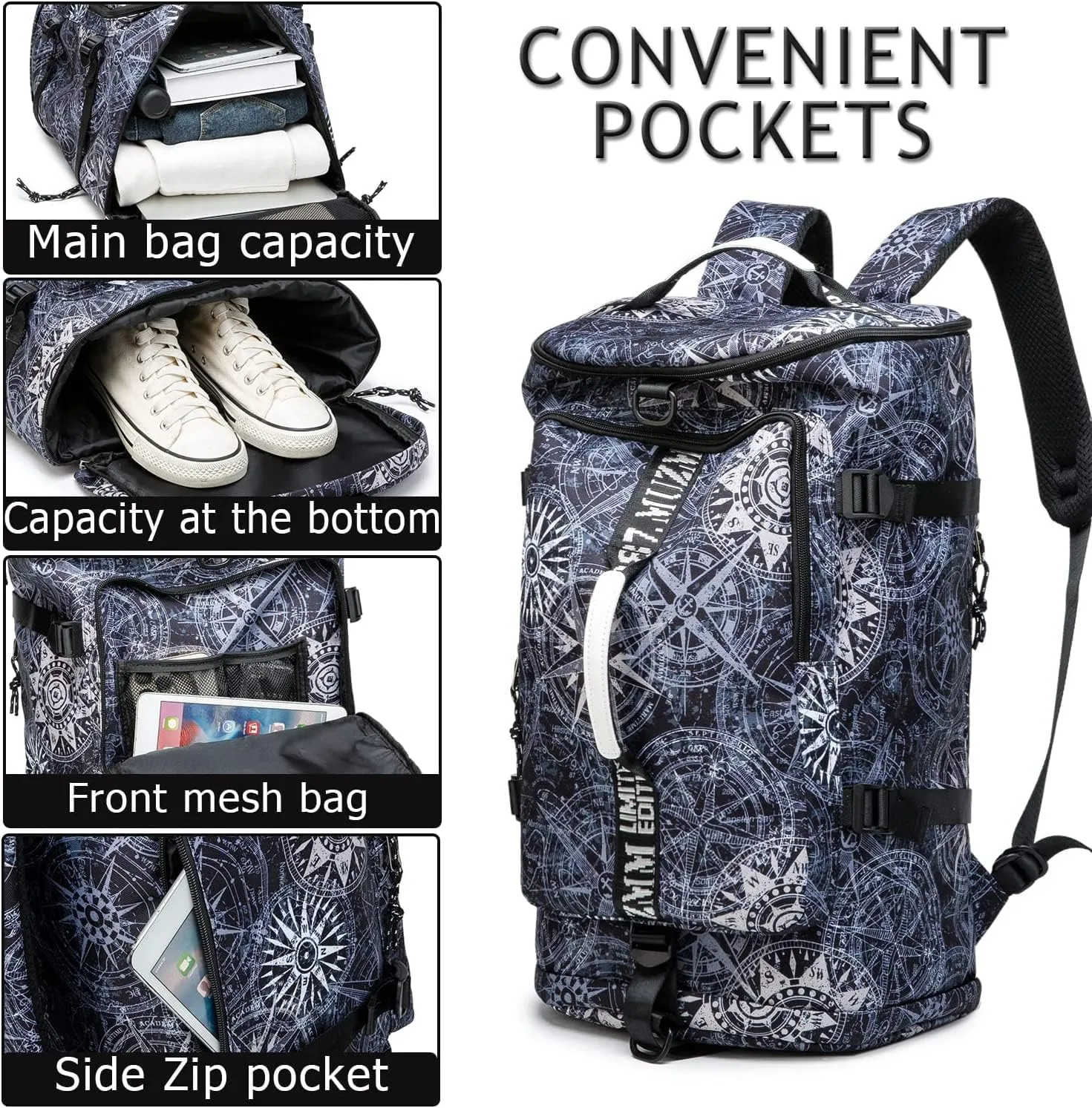 Gym Duffle Bag Waterproof black Laptop Backpack Suitable for Hiking, Fishing, Travel 40L Large Capacity Trendy Cool Lightweight Backpack for Men and Women