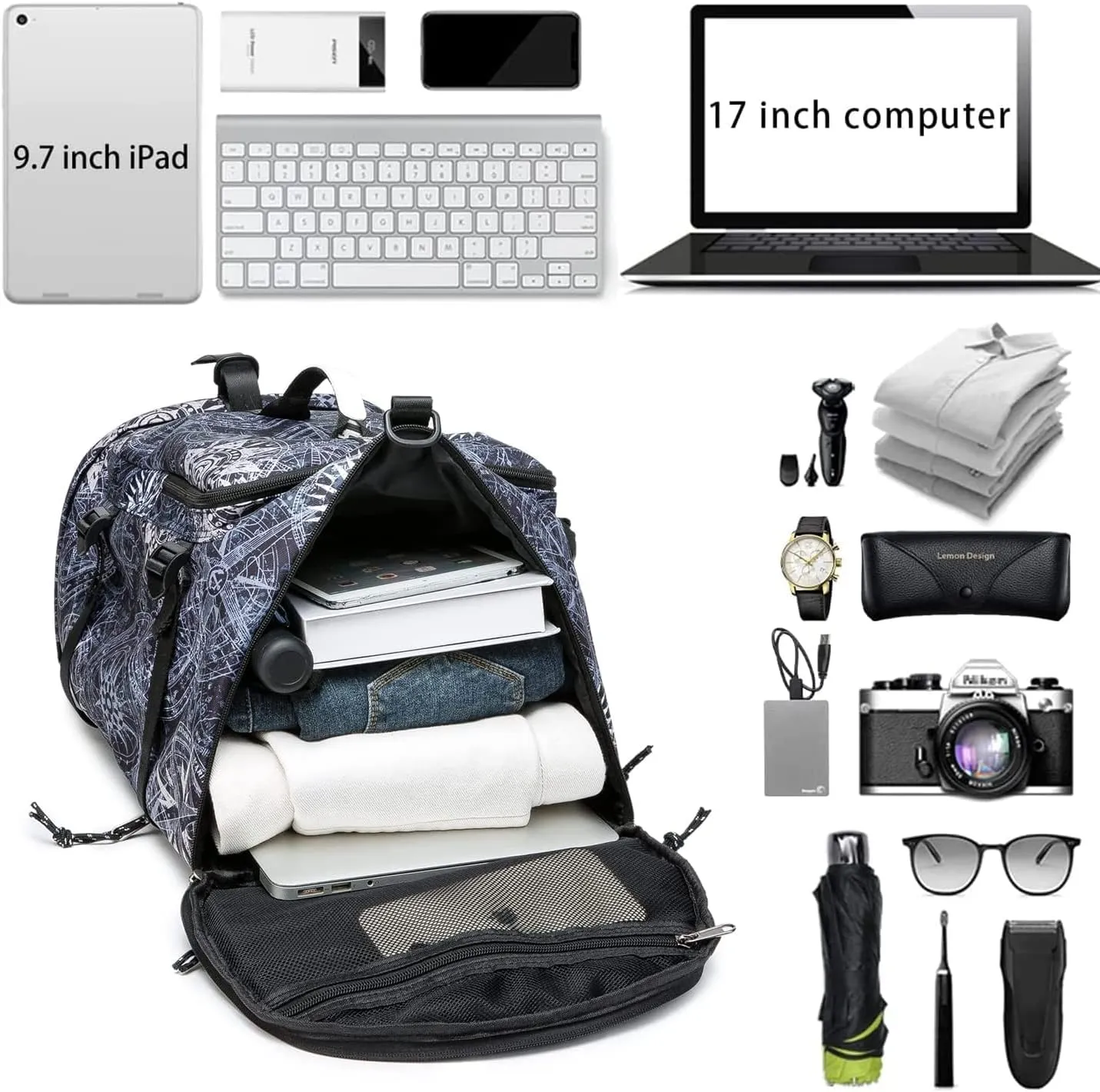 Gym Duffle Bag Waterproof black Laptop Backpack Suitable for Hiking, Fishing, Travel 40L Large Capacity Trendy Cool Lightweight Backpack for Men and Women