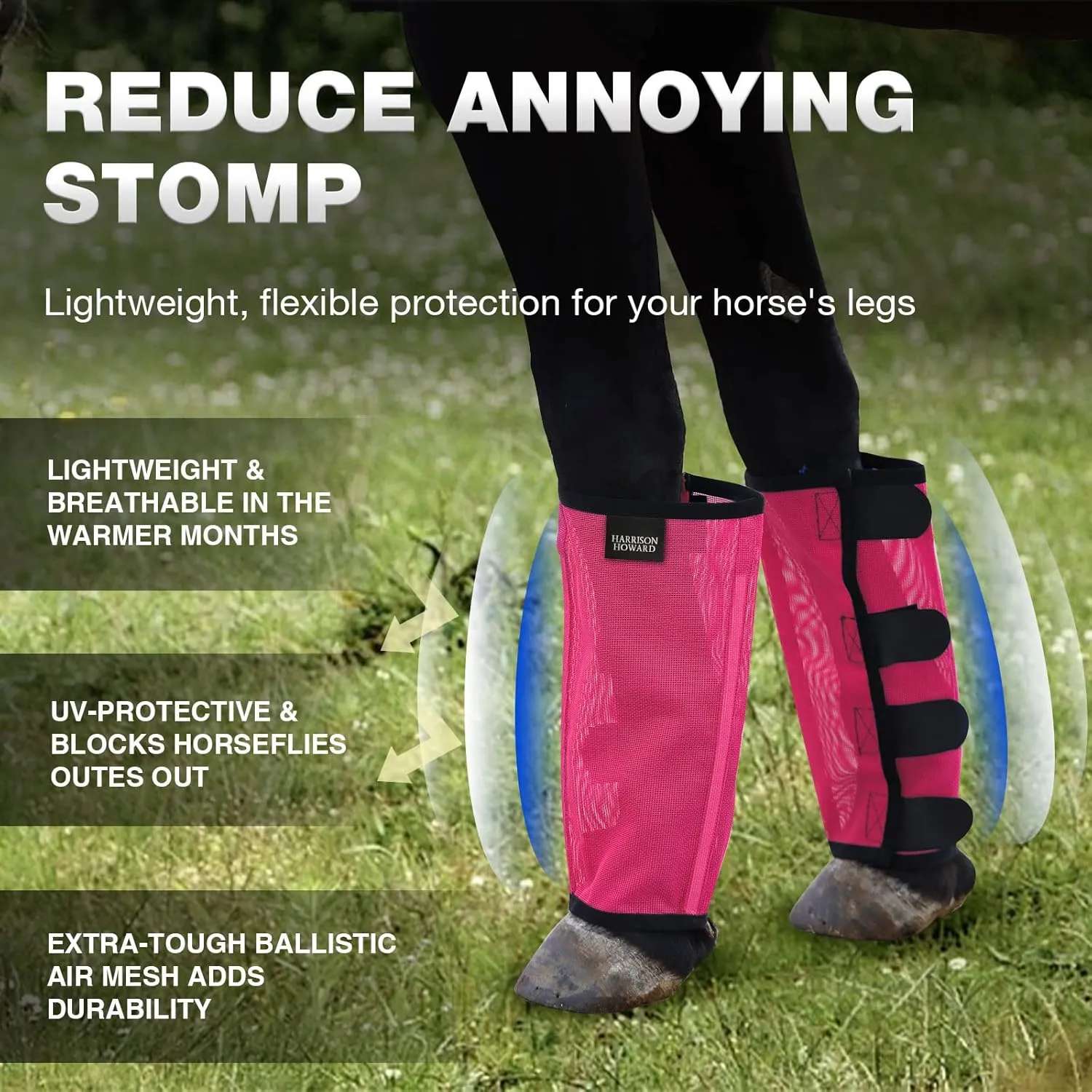 Harrison Howard Loose Fitting Fly Boots UV-Protective Extra Tough Mesh Ventilated Four Fasteners Stay-on Design Protect Horse Legs & Stomp-Reducing Set of 4 Magenta Pony