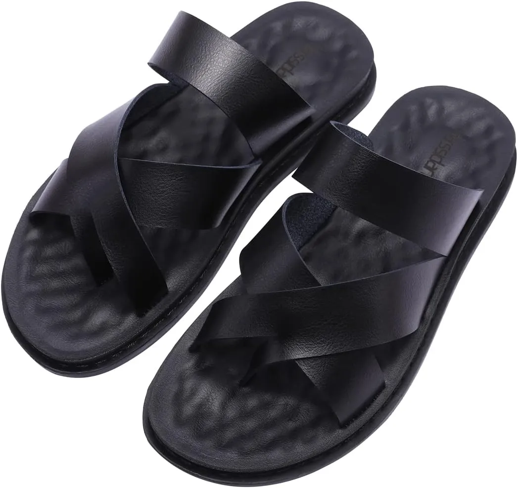 Harssidanzar Men's Sandals,Quick-Dry Flip-Flop Summer Slip On Cross Straps Slide Sandals Toe Ring Style Outdoor And Indoor KM221US