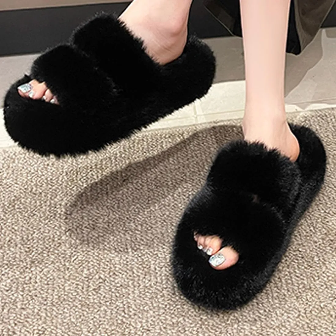 Harssidanzar Womens Fuzzy Comfy Faux Fur House Slippers Shoes,Furry Slides,Slip On Slipper For Women's KL505US