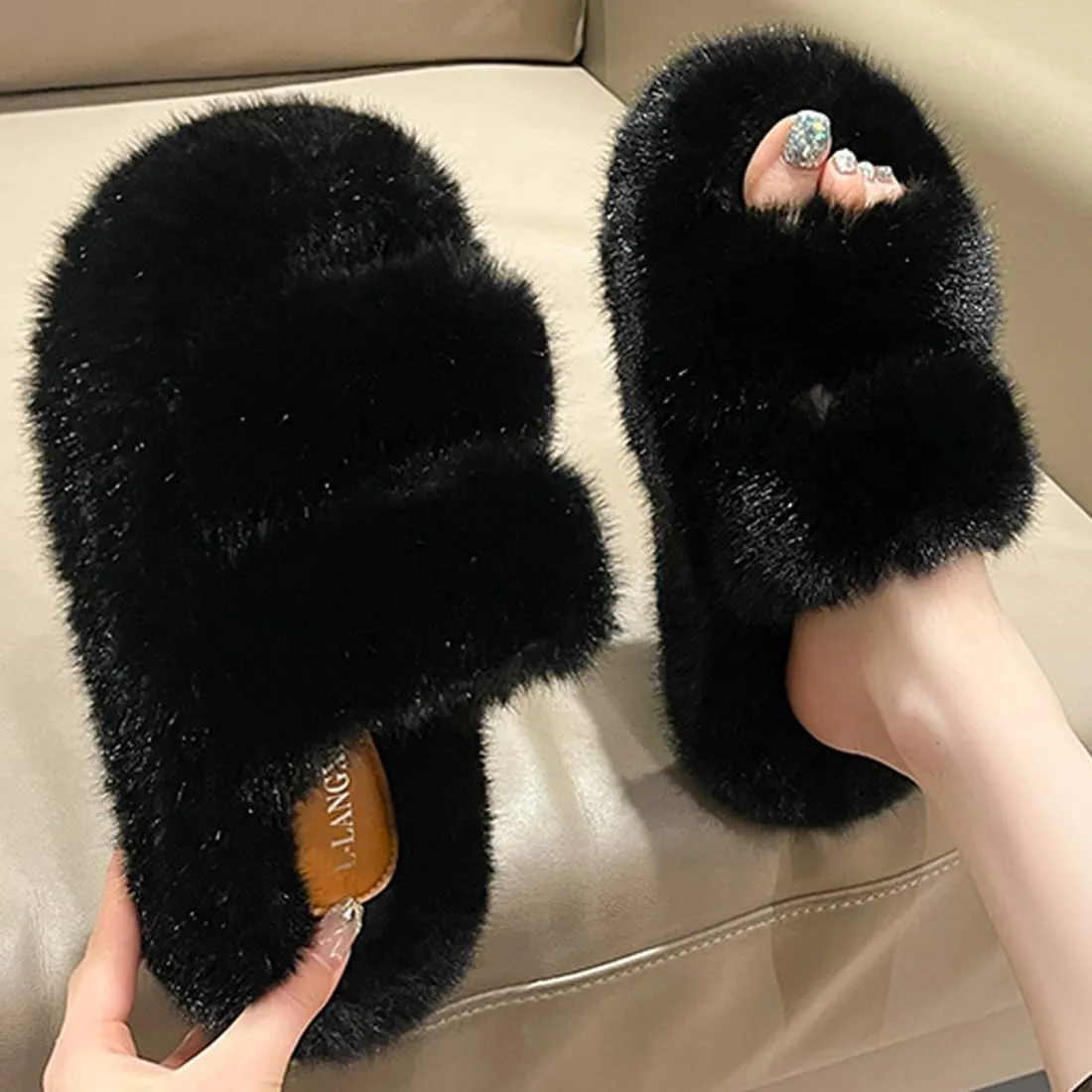 Harssidanzar Womens Fuzzy Comfy Faux Fur House Slippers Shoes,Furry Slides,Slip On Slipper For Women's KL505US