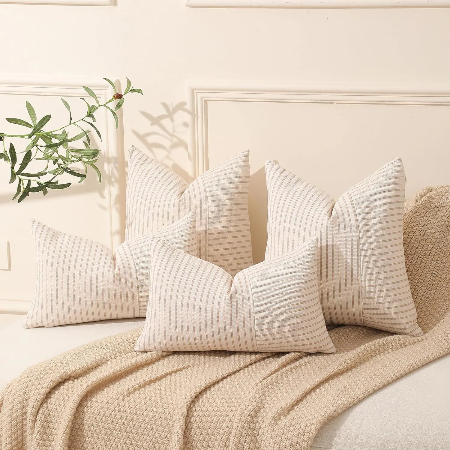 Hckot Khaki and Beige Patchwork Farmhouse Throw Pillow Covers 20 x 20 Inch, Pack of 2 Striped Linen Decorative Pillow Case for Sofa Couch Chair Bedroom Modern Decor (20" x 20", Khaki)