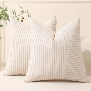 Hckot Khaki and Beige Patchwork Farmhouse Throw Pillow Covers 20 x 20 Inch, Pack of 2 Striped Linen Decorative Pillow Case for Sofa Couch Chair Bedroom Modern Decor (20" x 20", Khaki)