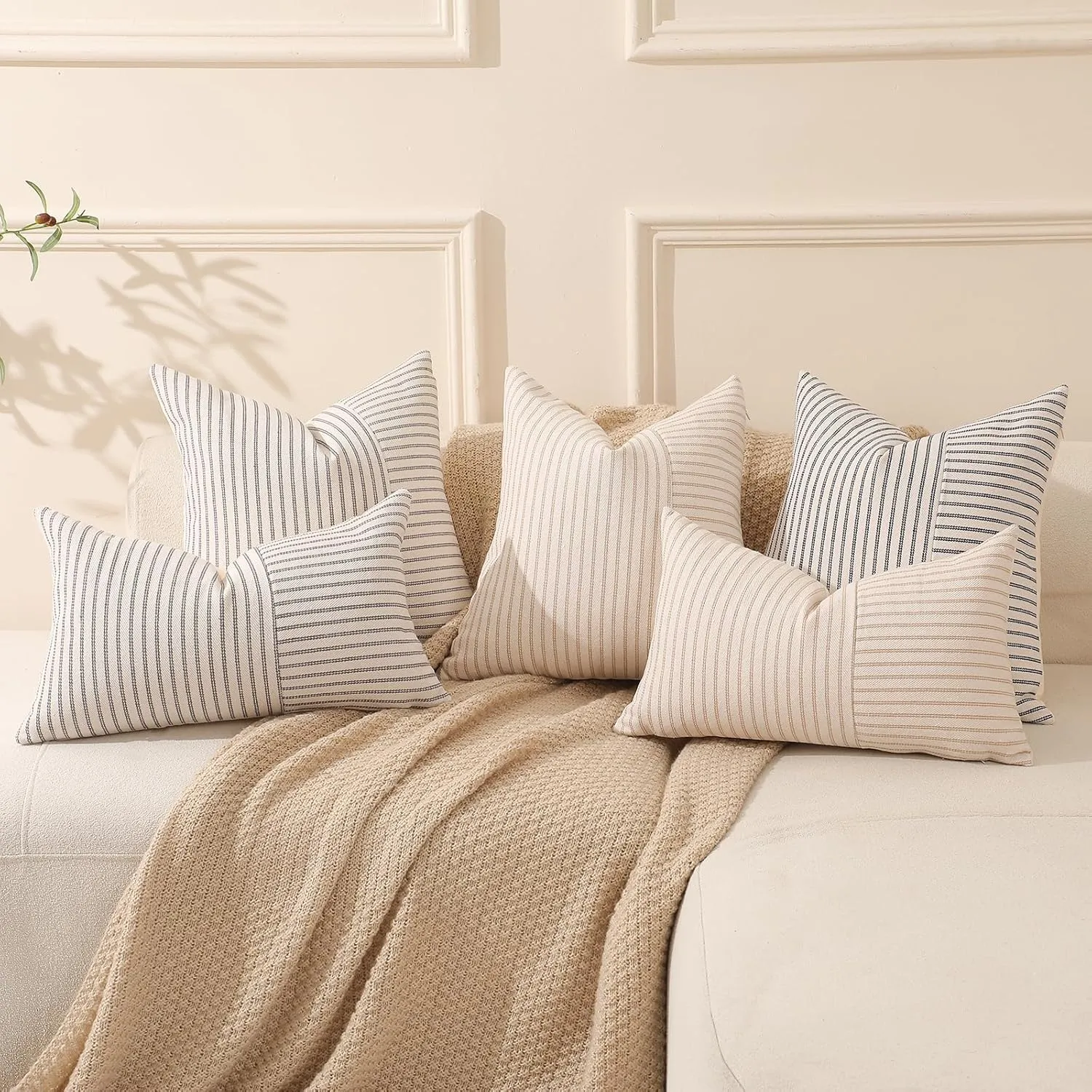 Hckot Khaki and Beige Patchwork Farmhouse Throw Pillow Covers 20 x 20 Inch, Pack of 2 Striped Linen Decorative Pillow Case for Sofa Couch Chair Bedroom Modern Decor (20" x 20", Khaki)