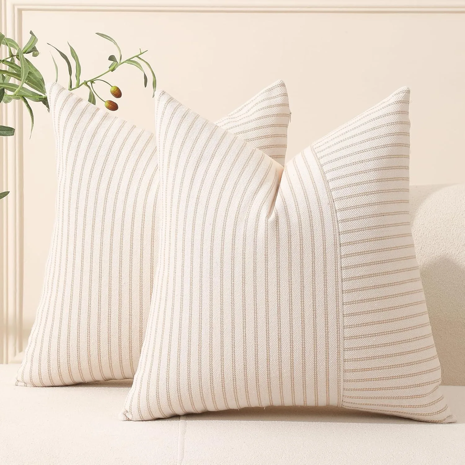 Hckot Khaki and Beige Patchwork Farmhouse Throw Pillow Covers 20 x 20 Inch, Pack of 2 Striped Linen Decorative Pillow Case for Sofa Couch Chair Bedroom Modern Decor (20" x 20", Khaki)