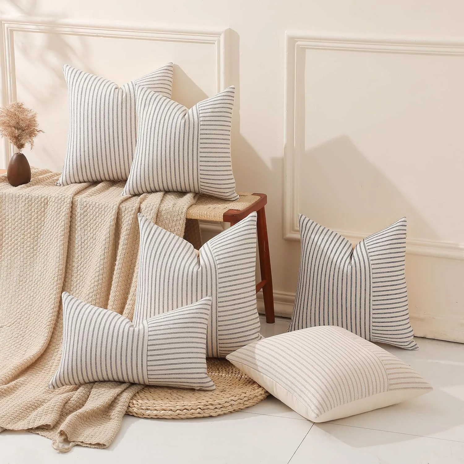 Hckot Khaki and Beige Patchwork Farmhouse Throw Pillow Covers 20 x 20 Inch, Pack of 2 Striped Linen Decorative Pillow Case for Sofa Couch Chair Bedroom Modern Decor (20" x 20", Khaki)