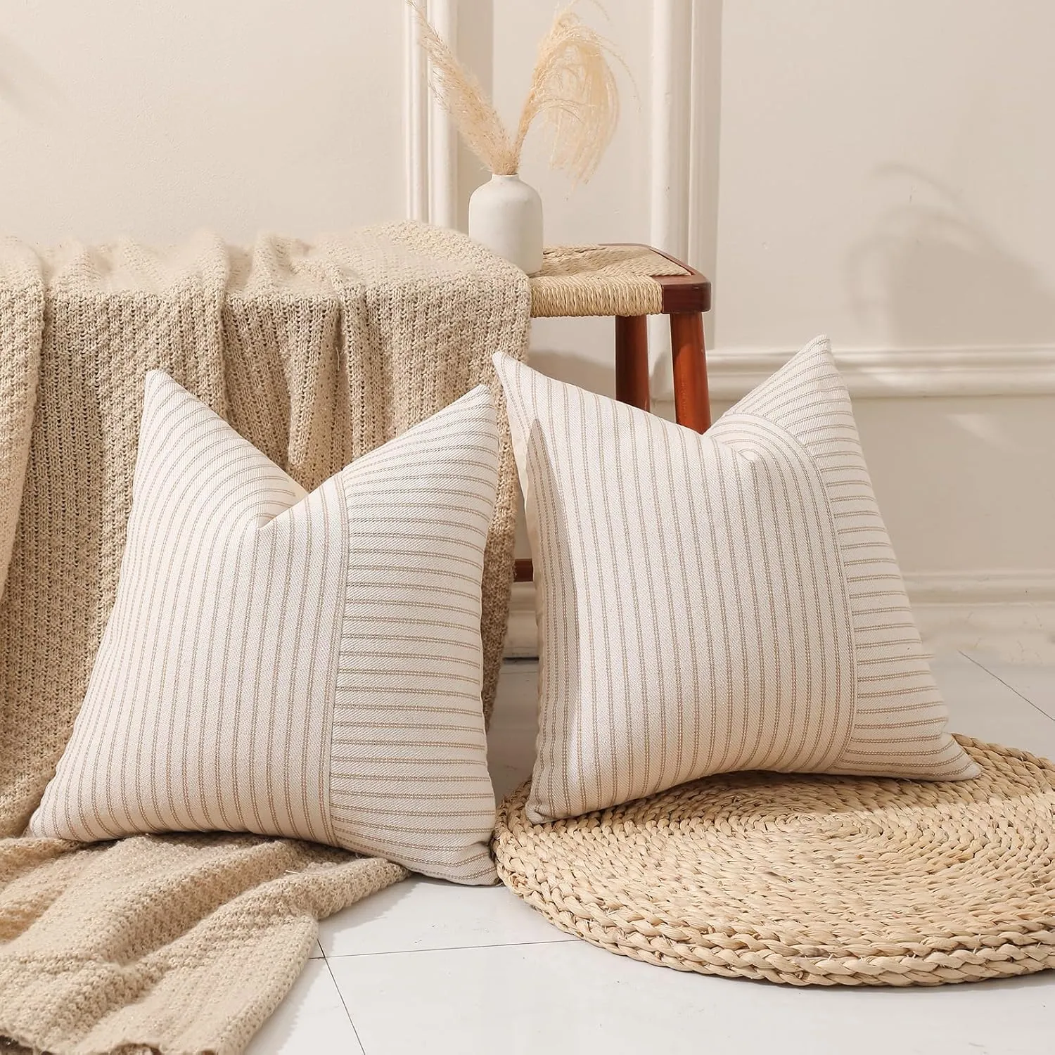 Hckot Khaki and Beige Patchwork Farmhouse Throw Pillow Covers 20 x 20 Inch, Pack of 2 Striped Linen Decorative Pillow Case for Sofa Couch Chair Bedroom Modern Decor (20" x 20", Khaki)