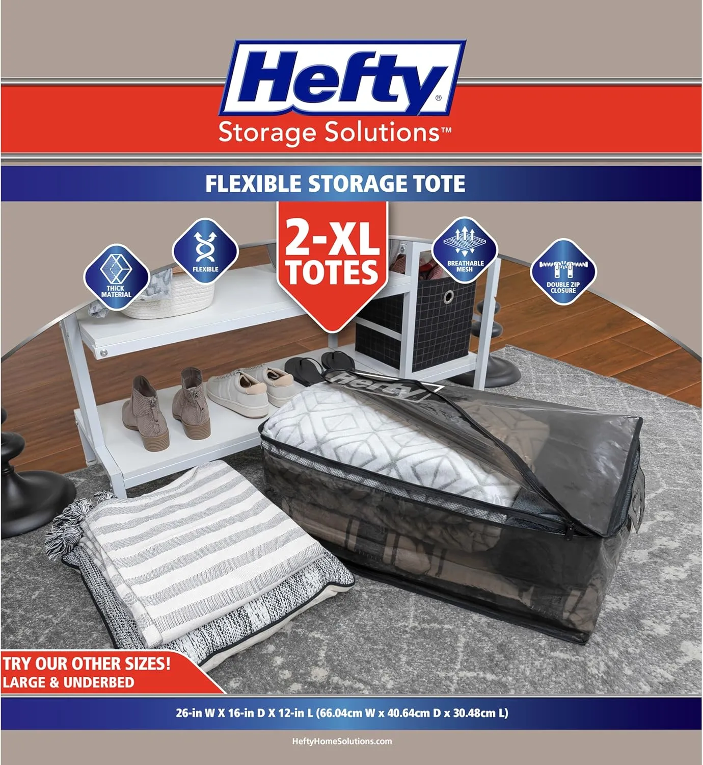 Hefty Extra Large Flexible Tote with Breathable Mesh, Double Zipper, 2 Handles – Ideal for Moving or Clothes & Apparel Storage, Alternative to Plastic Bin, Organizer or Container – 2 Pack