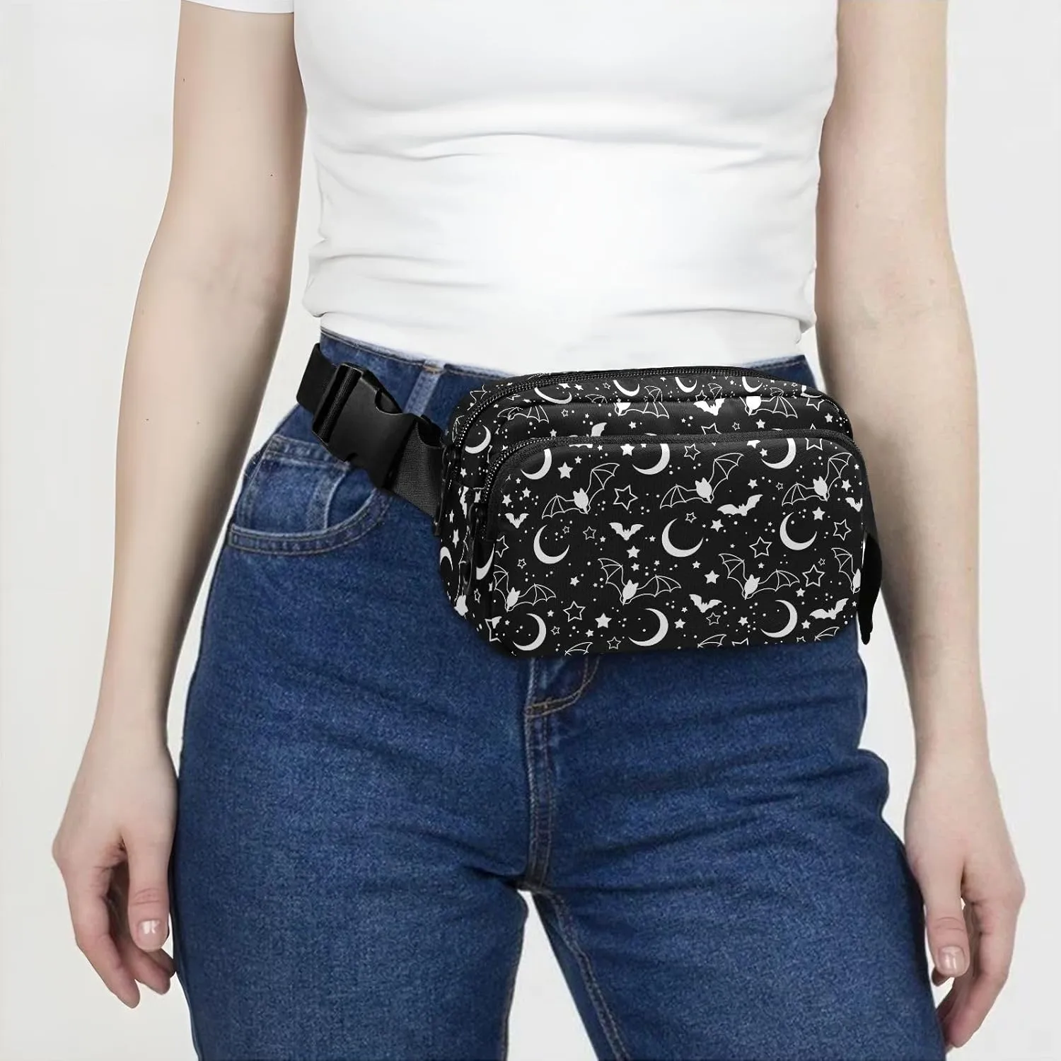 Hiking Fanny Pack Bats Moon Star Sky Waist Pack Fashion Casual Hip Bum Bag with Adjustable Strap for Women & Men Hands Free Crossbody Bags for Outdoors, Hiking, Running, Travel