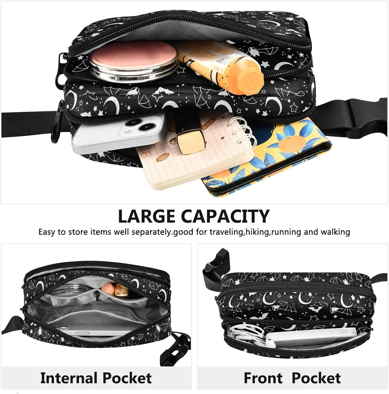 Hiking Fanny Pack Bats Moon Star Sky Waist Pack Fashion Casual Hip Bum Bag with Adjustable Strap for Women & Men Hands Free Crossbody Bags for Outdoors, Hiking, Running, Travel