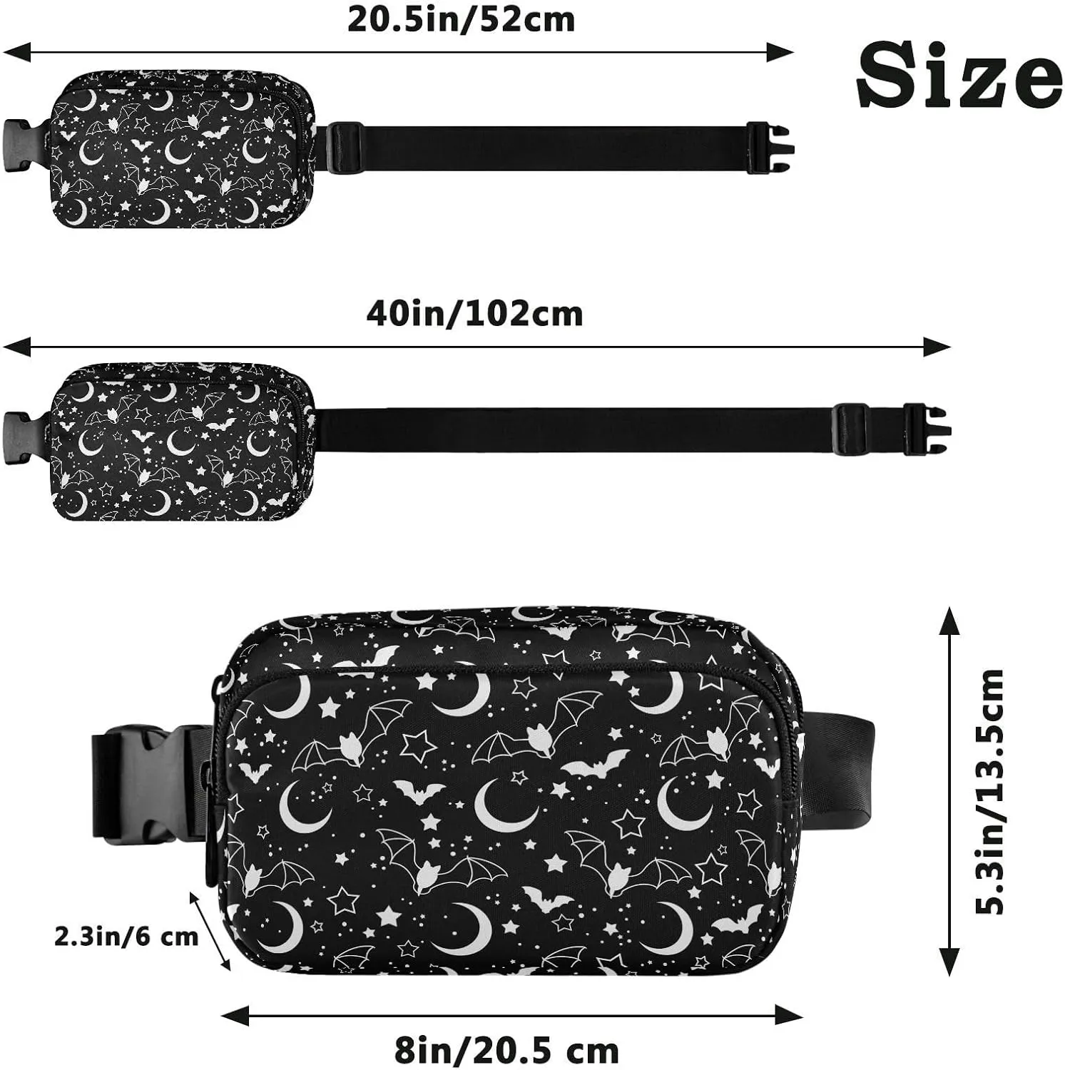 Hiking Fanny Pack Bats Moon Star Sky Waist Pack Fashion Casual Hip Bum Bag with Adjustable Strap for Women & Men Hands Free Crossbody Bags for Outdoors, Hiking, Running, Travel