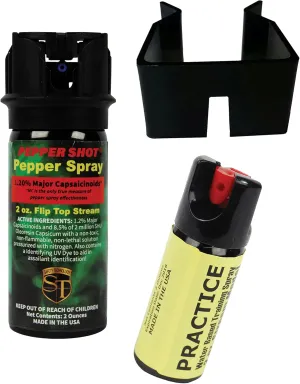 Home Safety Bundle - Pepper Shot 2 Oz Flip Top Pepper Spray, 2 oz. Inert Practice Spray and Wall Mount - Lot of 3 as Shown