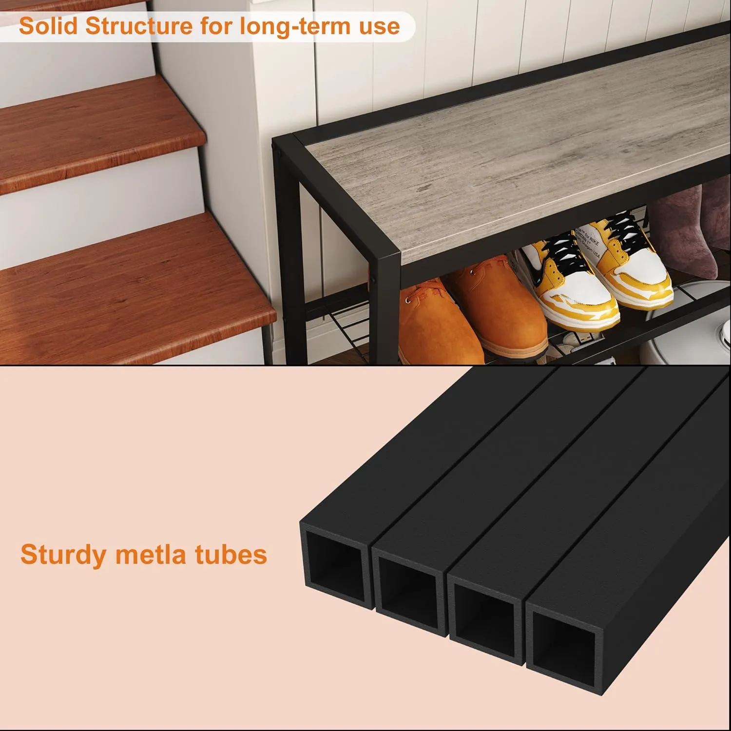 HOMEFORT 2 Tiers Shoe Bench, Retro Industrial Shoe Storage Bench with Mesh Shelf and Sturdy Metal Frame, Metal Shoe Rack Bench for Hallway, Mudroom, Living Room, Washed Gray