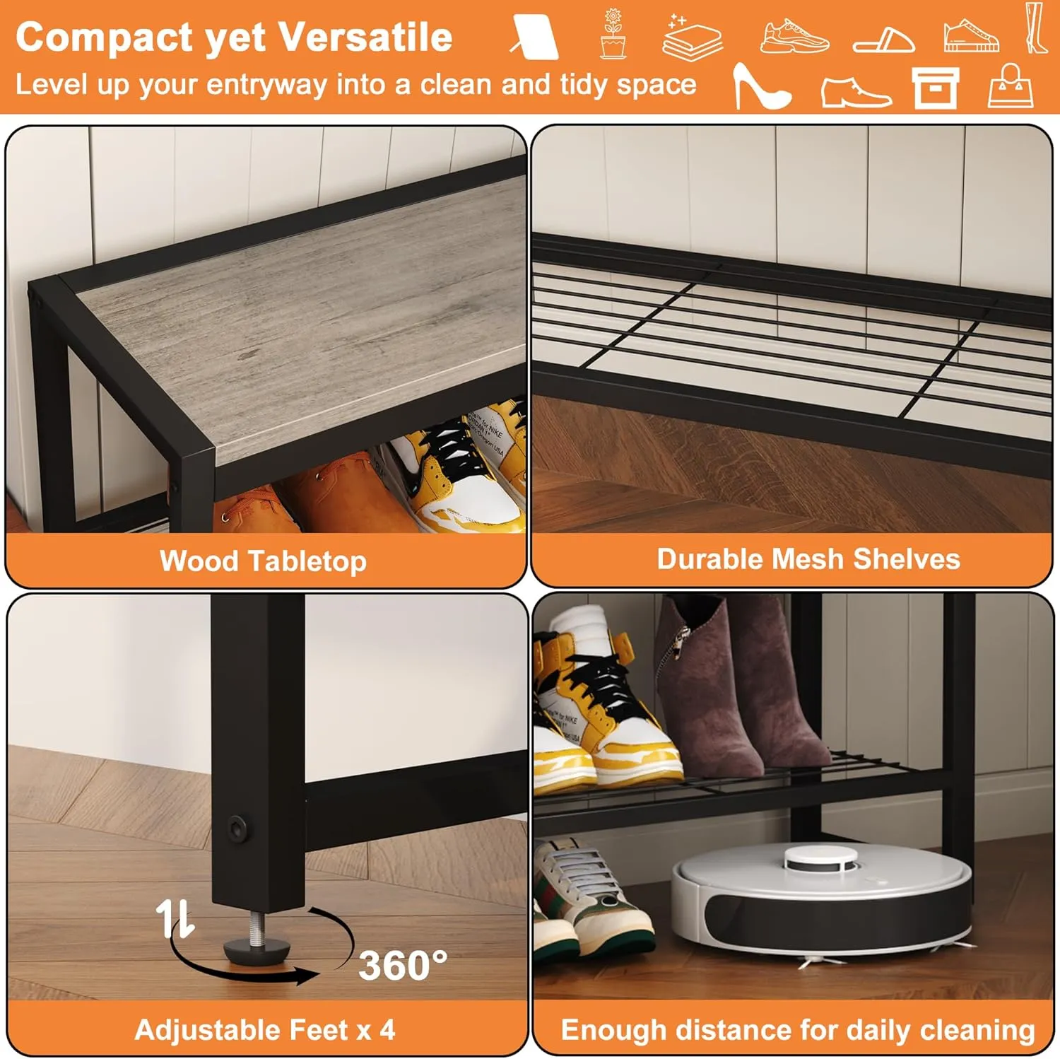 HOMEFORT 2 Tiers Shoe Bench, Retro Industrial Shoe Storage Bench with Mesh Shelf and Sturdy Metal Frame, Metal Shoe Rack Bench for Hallway, Mudroom, Living Room, Washed Gray