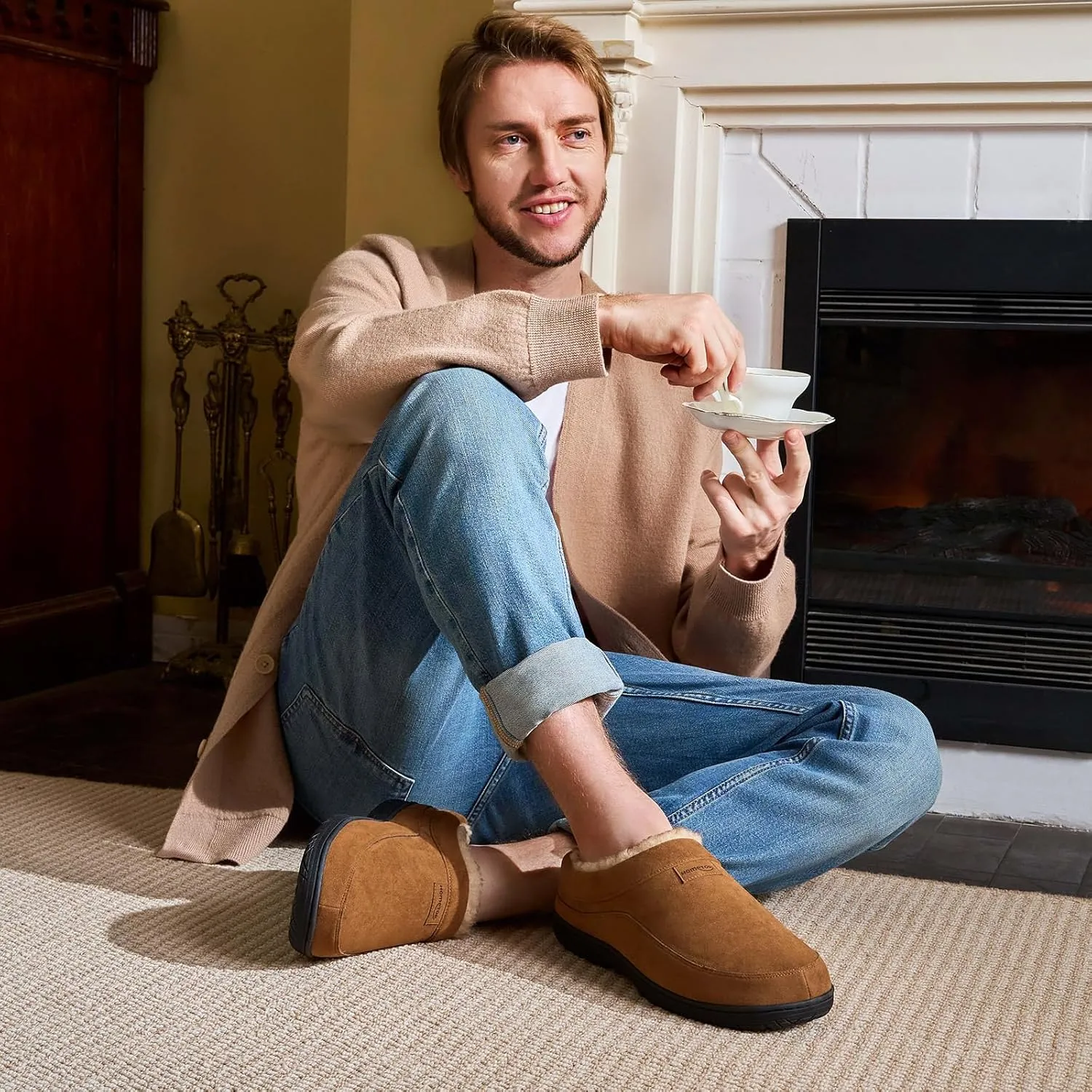 HomeTop Men's Moccasin Slippers Soft Warm Non-slip Memory Foam Indoor House Shoes with Fluffy Lining