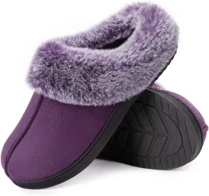 HomeTop Women's Classic Microsuede Memory Foam Slippers Durable Rubber Sole with Warm Faux Fur Collar