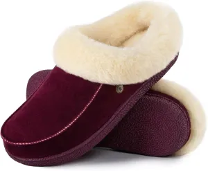 HomeTop Women's Comfy Moccasin Style Memory Foam Slip on Slippers Soft Micro Suede Clog House Shoes with Luxury Fuzzy Fur Collar