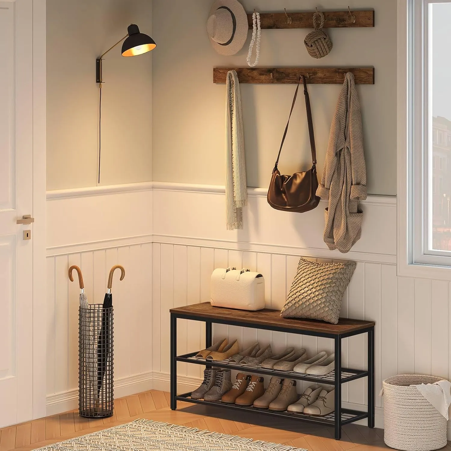 HOOBRO Hall Tree with Bench, Coat Rack Shoe Bench Set, Entryway Shoe Rack Bench with Coat Hooks, Hall Tree Coat Rack, Mud Room Bench, Industrial, for Foyer, Front Door, Rustic Brown BF07MT01
