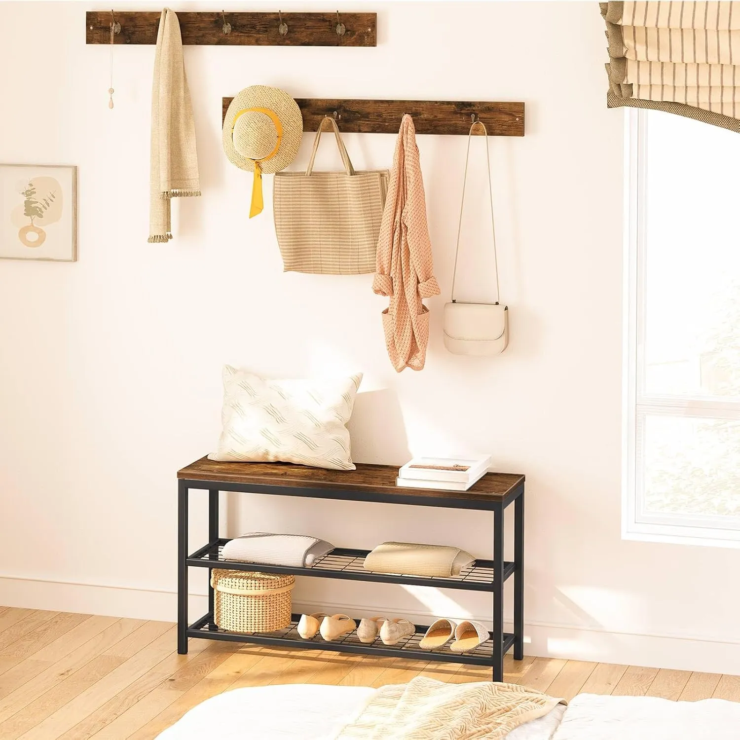HOOBRO Hall Tree with Bench, Coat Rack Shoe Bench Set, Entryway Shoe Rack Bench with Coat Hooks, Hall Tree Coat Rack, Mud Room Bench, Industrial, for Foyer, Front Door, Rustic Brown BF07MT01