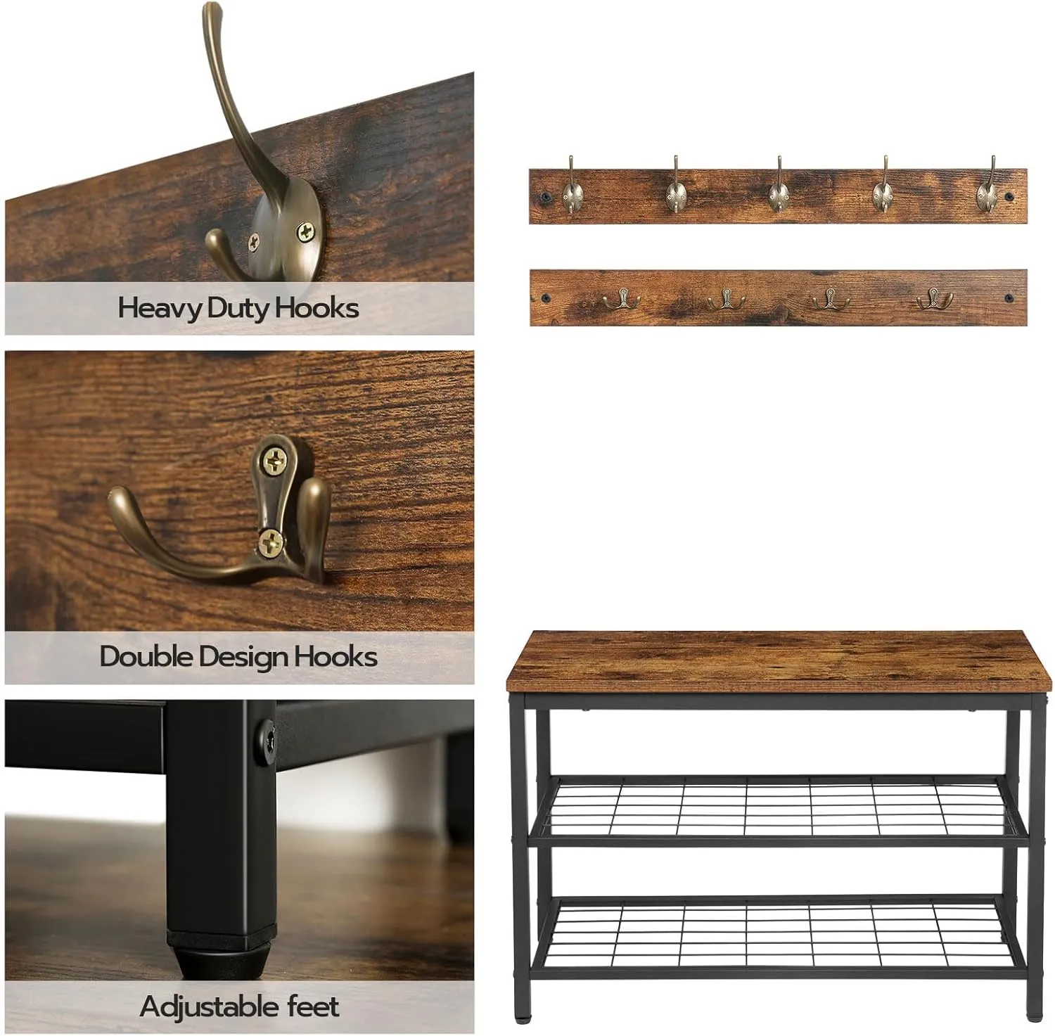 HOOBRO Hall Tree with Bench, Coat Rack Shoe Bench Set, Entryway Shoe Rack Bench with Coat Hooks, Hall Tree Coat Rack, Mud Room Bench, Industrial, for Foyer, Front Door, Rustic Brown BF07MT01