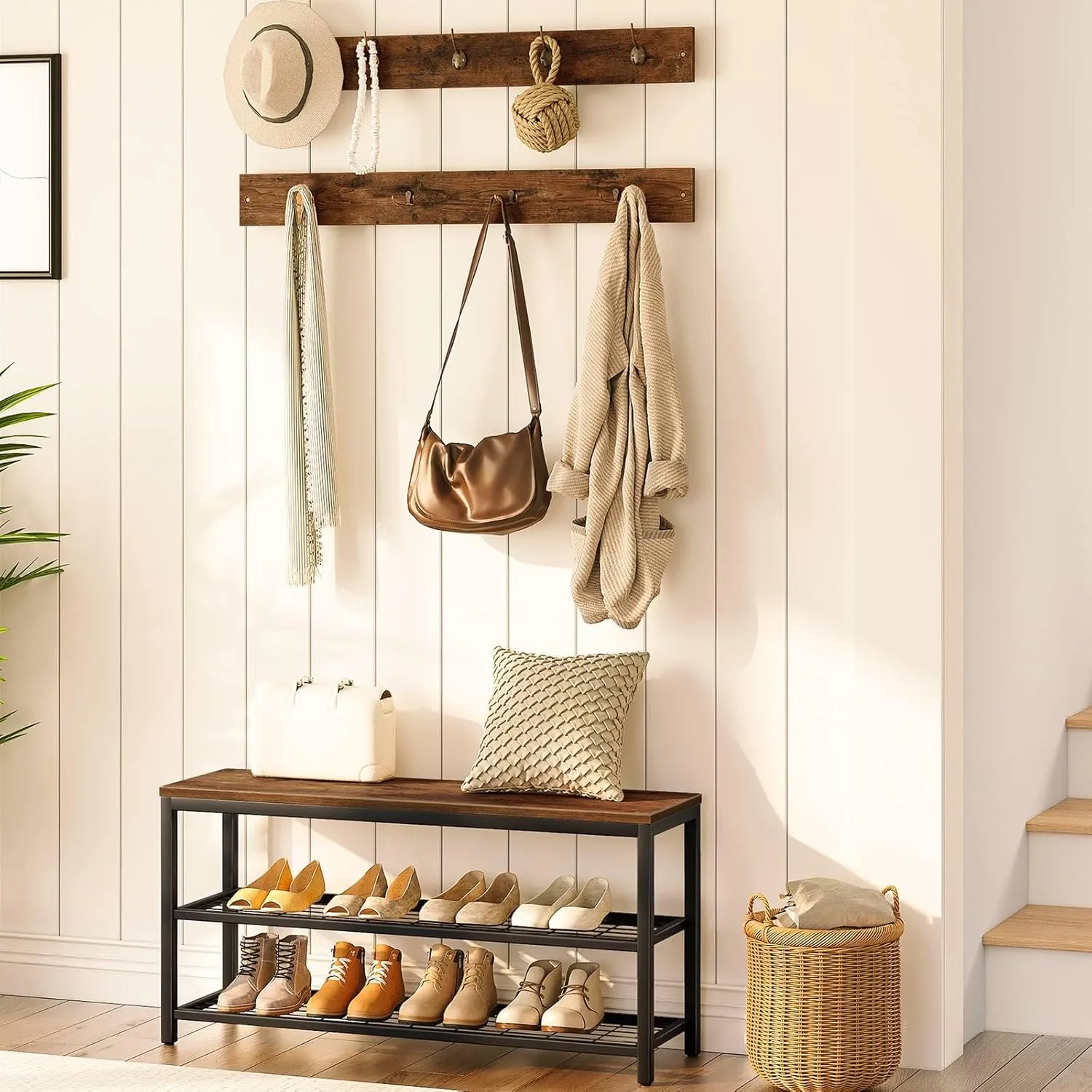 HOOBRO Hall Tree with Bench, Coat Rack Shoe Bench Set, Entryway Shoe Rack Bench with Coat Hooks, Hall Tree Coat Rack, Mud Room Bench, Industrial, for Foyer, Front Door, Rustic Brown BF07MT01