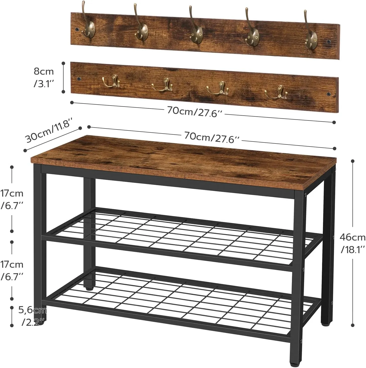 HOOBRO Hall Tree with Bench, Coat Rack Shoe Bench Set, Entryway Shoe Rack Bench with Coat Hooks, Hall Tree Coat Rack, Mud Room Bench, Industrial, for Foyer, Front Door, Rustic Brown BF07MT01