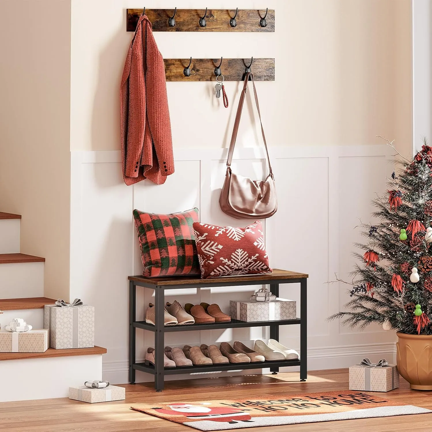 HOOBRO Hall Tree with Bench, Coat Rack Shoe Bench Set, Entryway Shoe Rack Bench with Coat Hooks, Hall Tree Coat Rack, Mud Room Bench, Industrial, for Foyer, Front Door, Rustic Brown BF07MT01