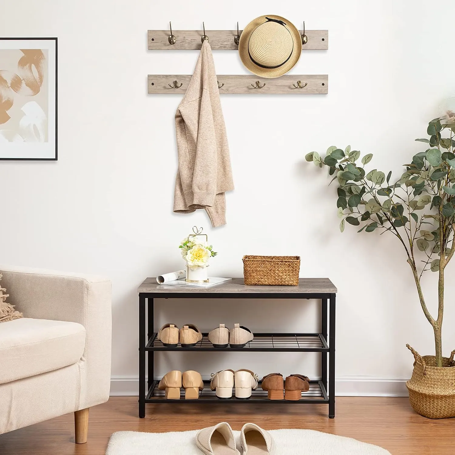 HOOBRO Hall Tree with Bench, Coat Rack Shoe Bench Set, Entryway Shoe Rack with Coat Hooks, Hall Tree Coat Rack, 27.6" L x 11.8" W x 18.1" H, Mud Room, for Foyer, Front Door, Greige BG07MT01