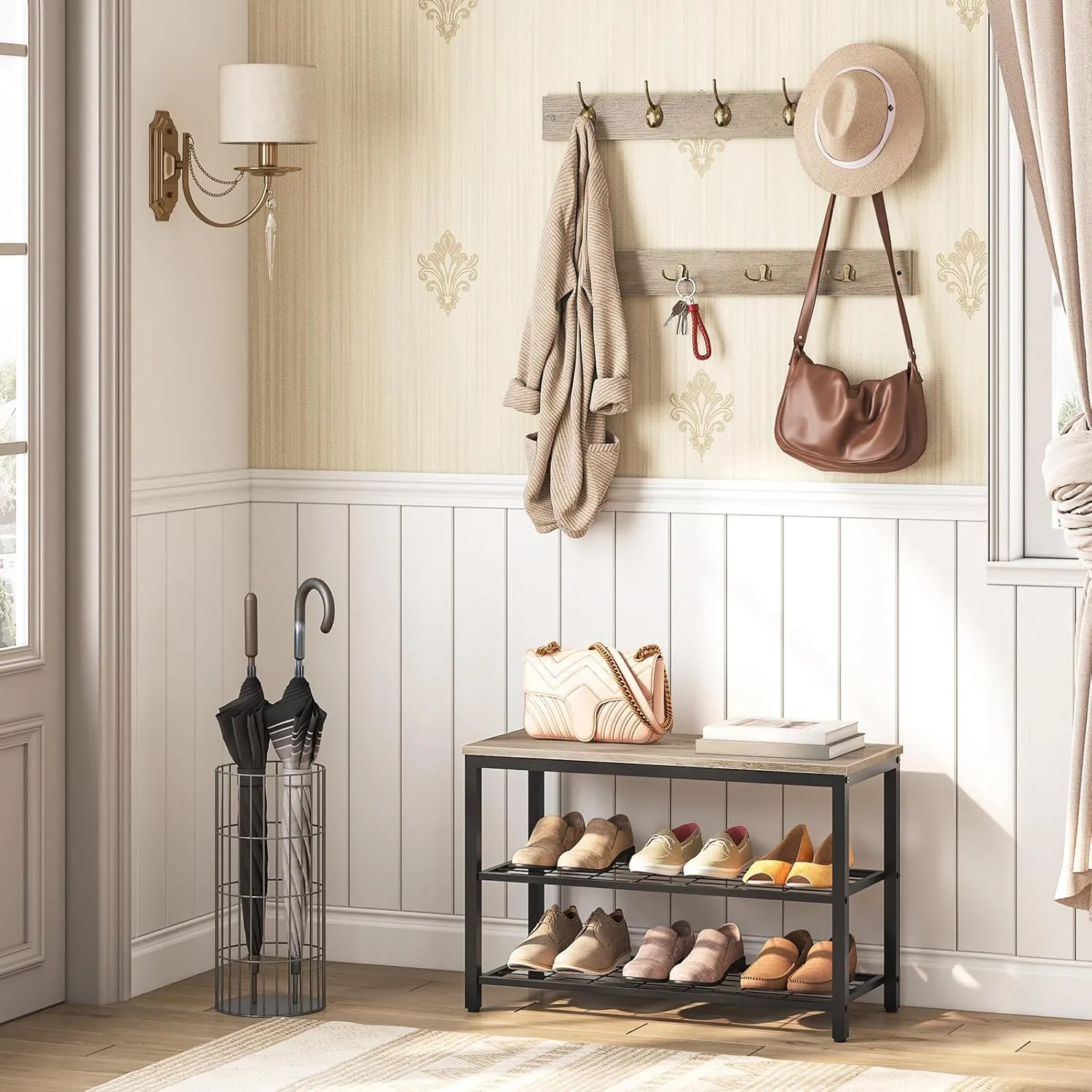 HOOBRO Hall Tree with Bench, Coat Rack Shoe Bench Set, Entryway Shoe Rack with Coat Hooks, Hall Tree Coat Rack, 27.6" L x 11.8" W x 18.1" H, Mud Room, for Foyer, Front Door, Greige BG07MT01