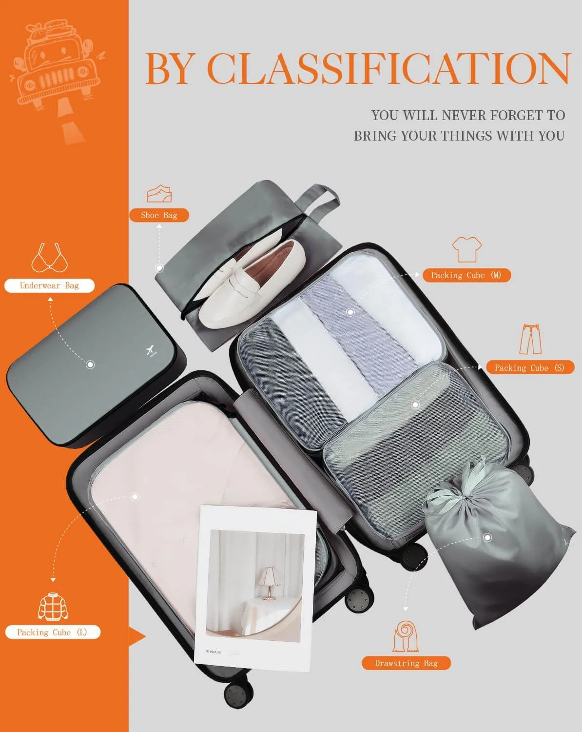 HOTOR Packing Cubes for Suitcases - 6 Pieces, Light Packing Cubes for Travel, Premium Suitcase Organizer Bags Set, Space-Saving Luggage Organizers, Travel Accessories and Essentials, Grey