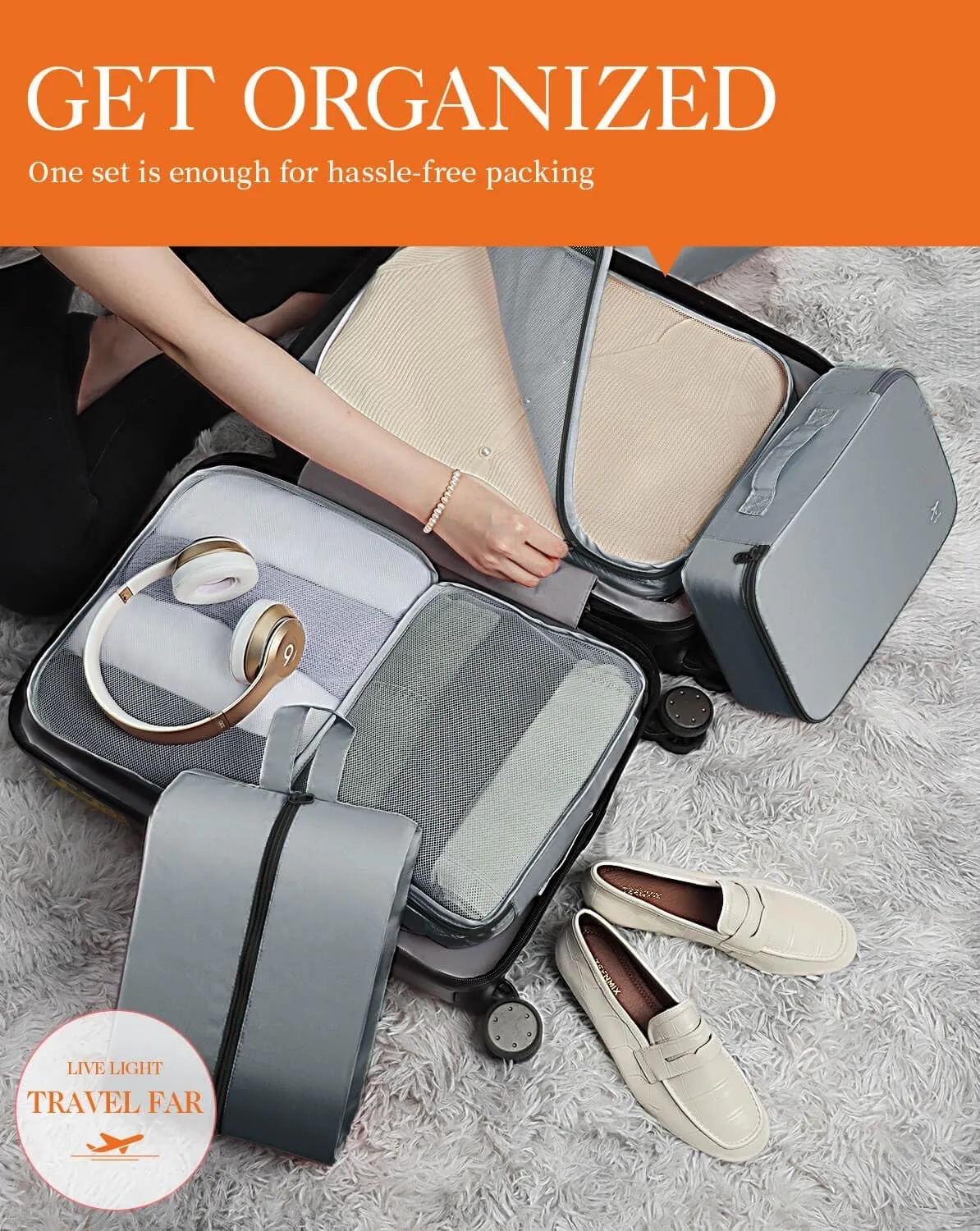 HOTOR Packing Cubes for Suitcases - 6 Pieces, Light Packing Cubes for Travel, Premium Suitcase Organizer Bags Set, Space-Saving Luggage Organizers, Travel Accessories and Essentials, Grey