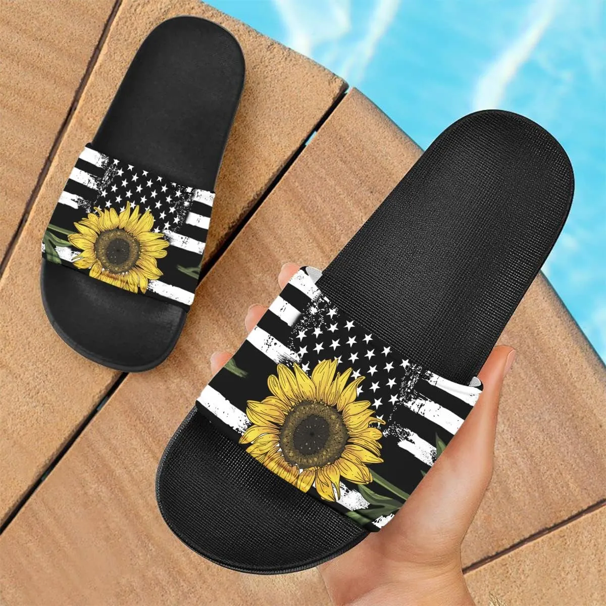 Howilath Novelty Sunflowers Pattern Slide Sandals for Women Girls, Comfotable Open Toe Non Slip Single Band Slide Sandals