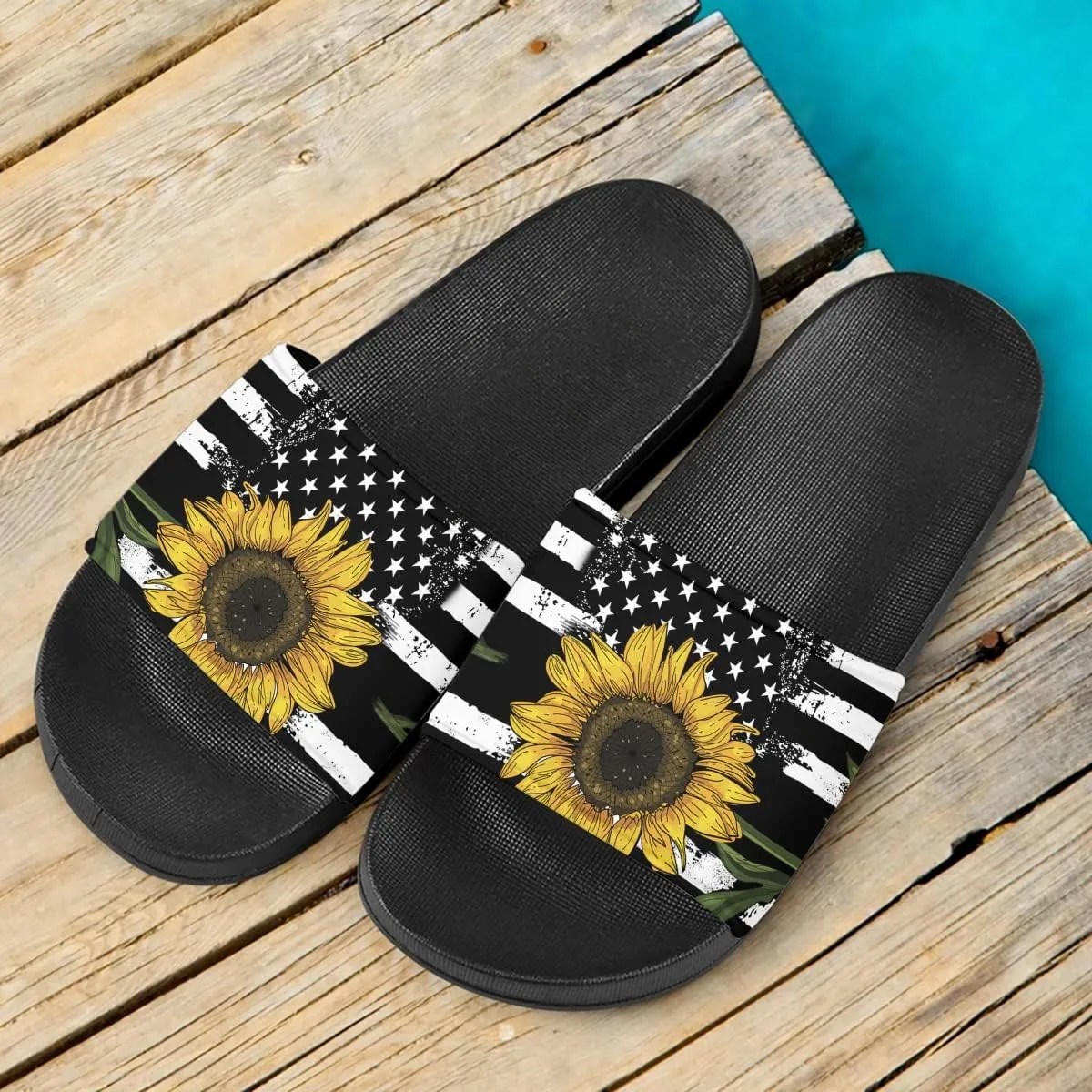 Howilath Novelty Sunflowers Pattern Slide Sandals for Women Girls, Comfotable Open Toe Non Slip Single Band Slide Sandals