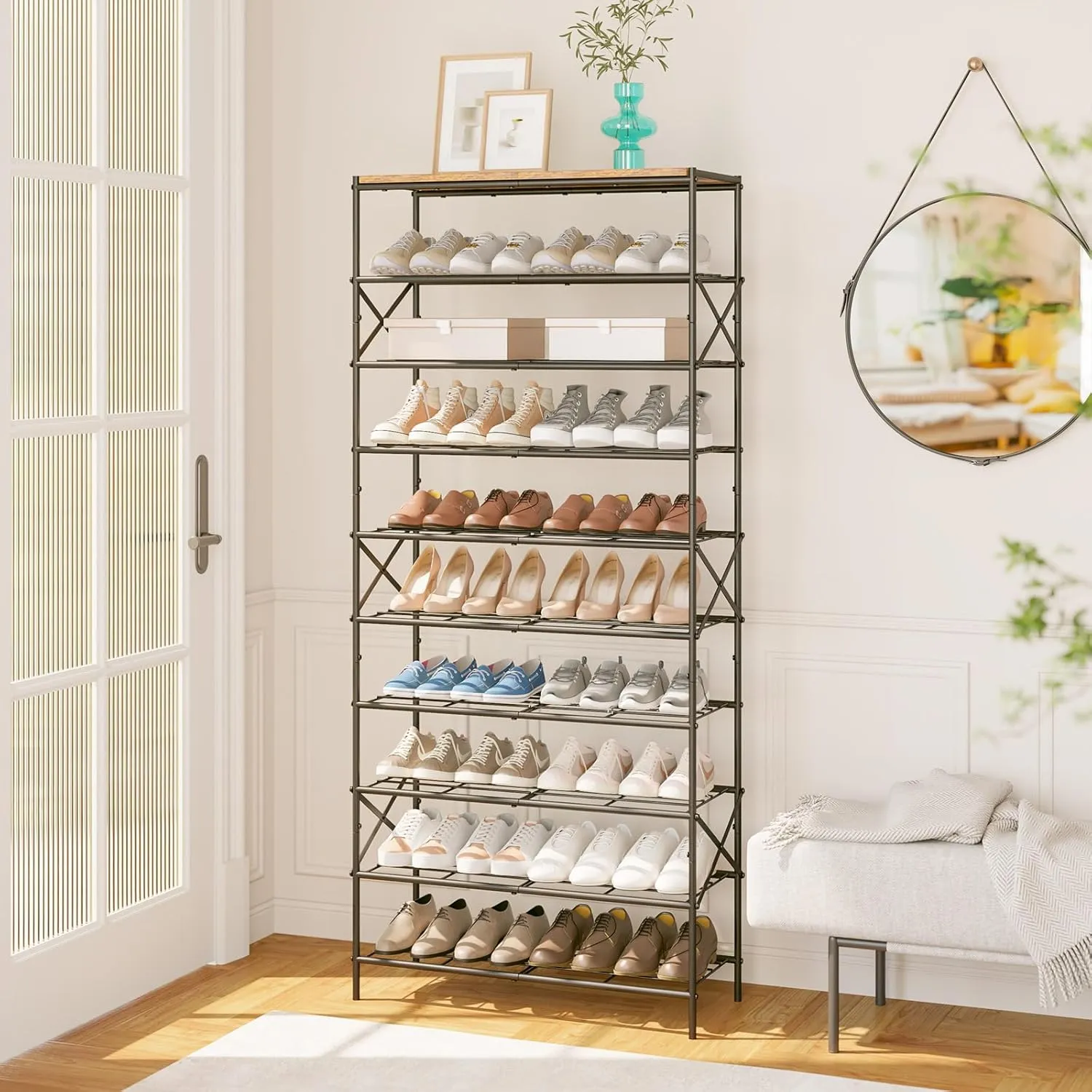 IBUYKE 10 Tier Shoe Rack, Large Capacity Shoe Storage Organizer for 40 Pairs of Shoes, Metal Shoe Storage Rack with Shelf for Entryway Hallway Closet Garage, Rustic Brown and Black TXJ010H