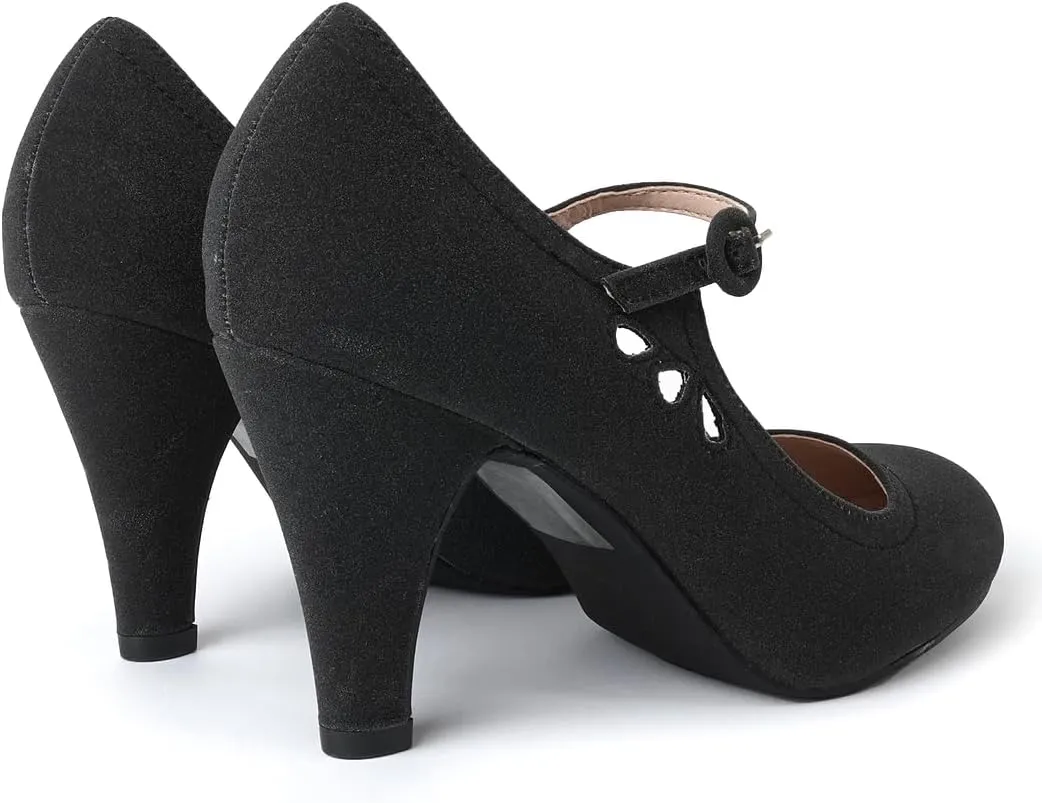 J. Adams Pixie Mary Jane Shoes Women Oxford Pumps - Cute Low Kitten High Heels - Retro Vintage Shoes for Women 1950s Mary Janes Round Toe Shoe with Ankle Strap - Women Dress Shoes
