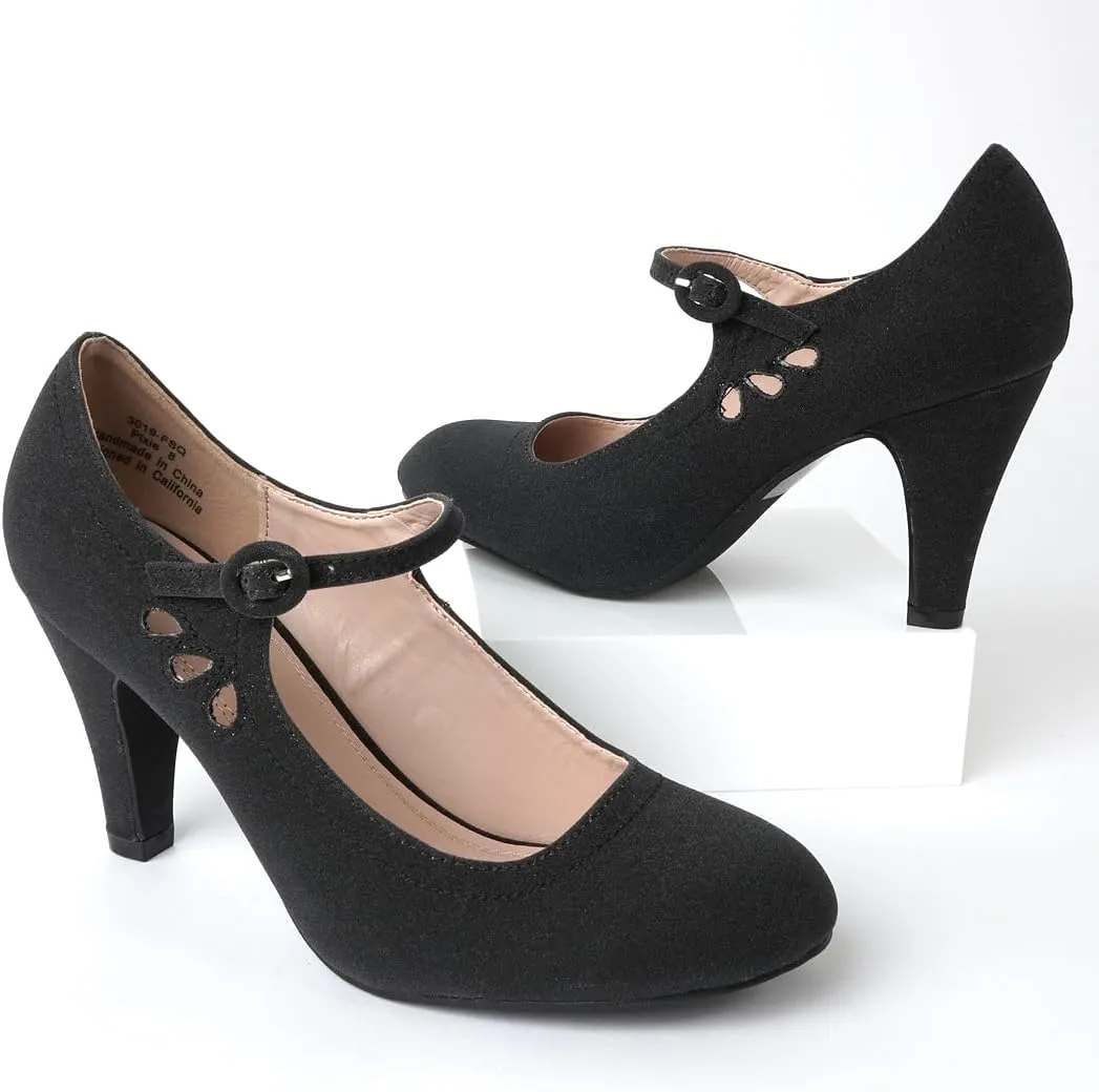 J. Adams Pixie Mary Jane Shoes Women Oxford Pumps - Cute Low Kitten High Heels - Retro Vintage Shoes for Women 1950s Mary Janes Round Toe Shoe with Ankle Strap - Women Dress Shoes