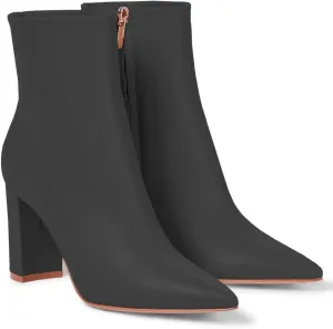JANSEVEN Women's Heeled Ankle Boots Chunky Block High Heel Booties Pointed Toe Comfortable Sexy Classic Short Boots