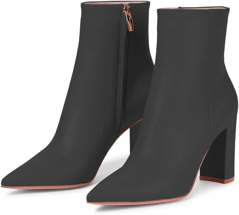 JANSEVEN Women's Heeled Ankle Boots Chunky Block High Heel Booties Pointed Toe Comfortable Sexy Classic Short Boots