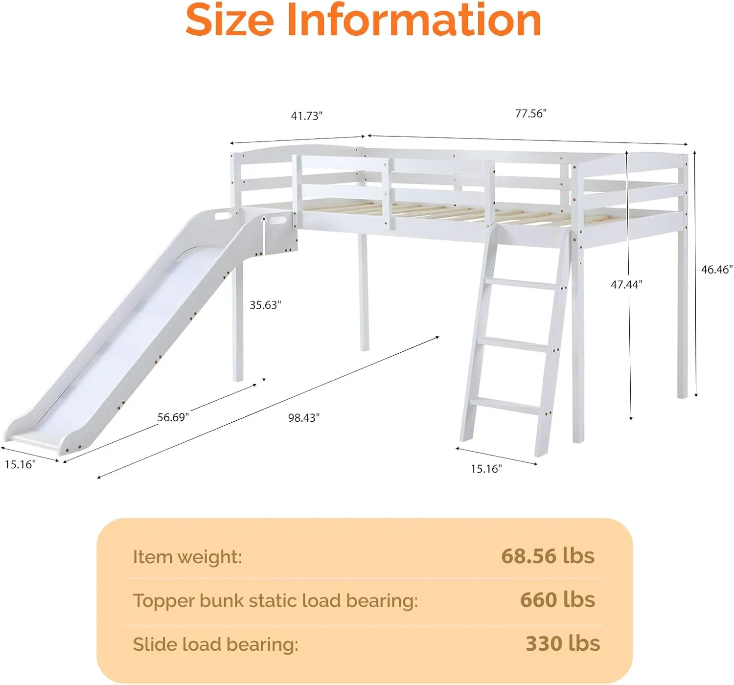 JOYMOR Low Loft Bed with Curved Slide, Loft Bed Twin Size, Slide Bed with Ladder, Solid Pine Wood Bed Frame,14" Safety Guardrail, Anti-Slip Steps