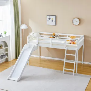 JOYMOR Low Loft Bed with Curved Slide, Loft Bed Twin Size, Slide Bed with Ladder, Solid Pine Wood Bed Frame,14" Safety Guardrail, Anti-Slip Steps