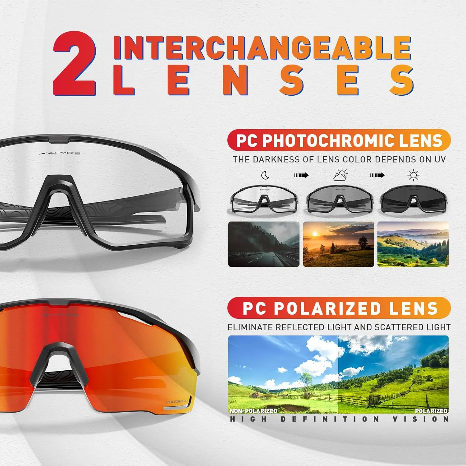 KAPVOE Cycling Glasses with Interchangeable Polarized   Photochromic Lenses Sport Sunglasses Mountain Bike Glasses K93-91