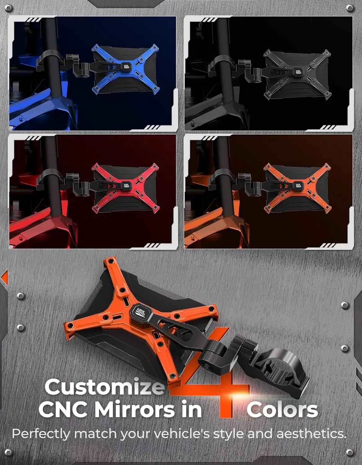 KEMIMOTO CNC Aluminum UTV Side Mirrors For 1.65"-2" Roll Cage Bar Compatible with Polaris RZR Can Am Maverick X3 Side by Side Talon Teryx Mule SXS Side View Mirror Orange