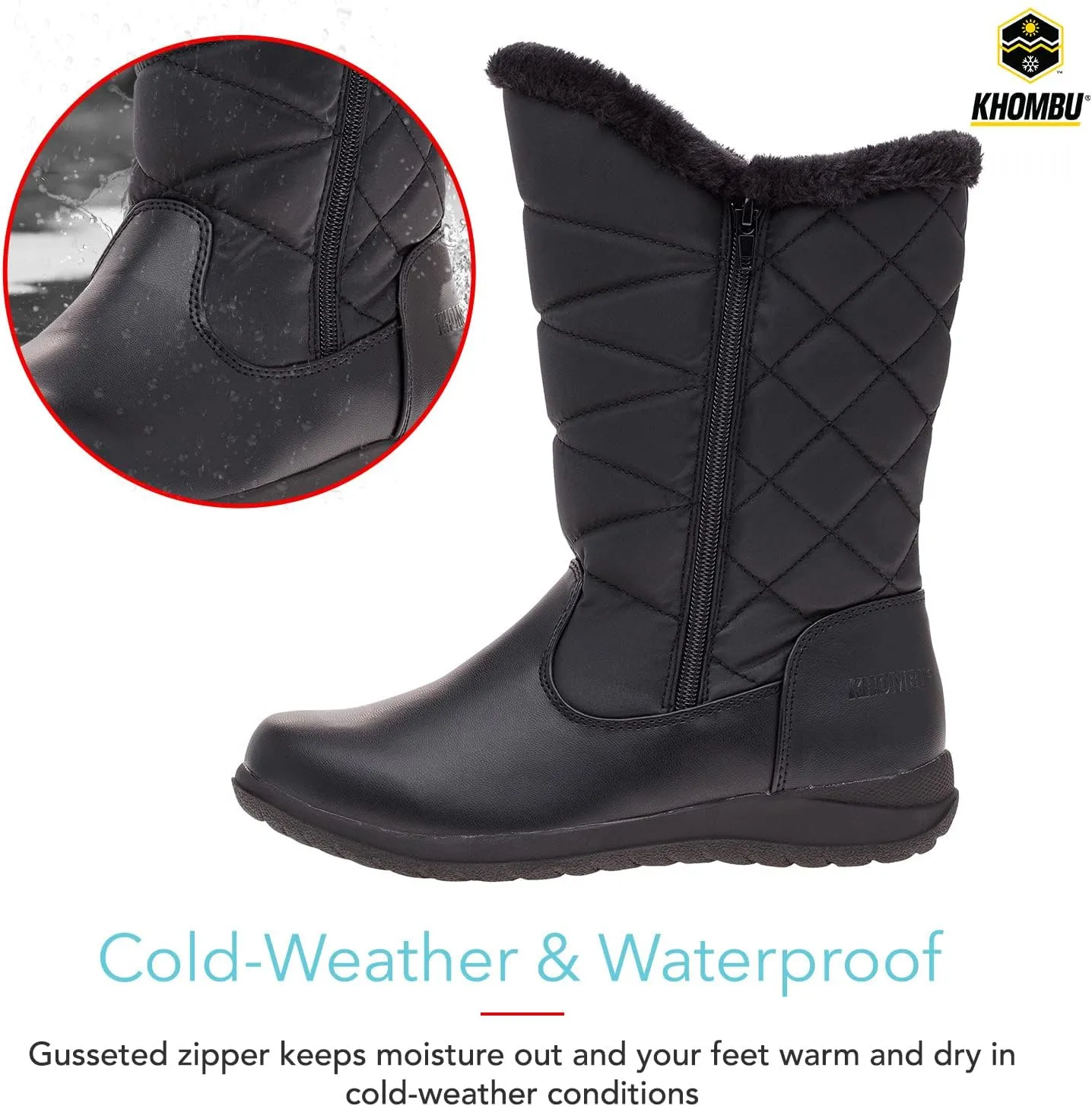 Khombu Women's Carly Winter Boots Warm Faux Fur-Lined Tall Mid-Calf Height with Dual Zippers