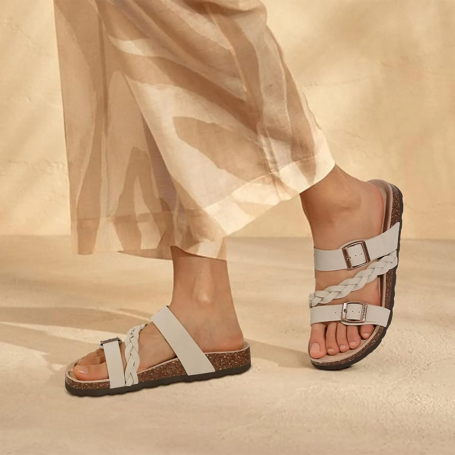 KIDMI Women's Cork Footbed Sandals with Arch Support Comfortable Slip-On Slide Sandals With Adjustable Buckle for Summer