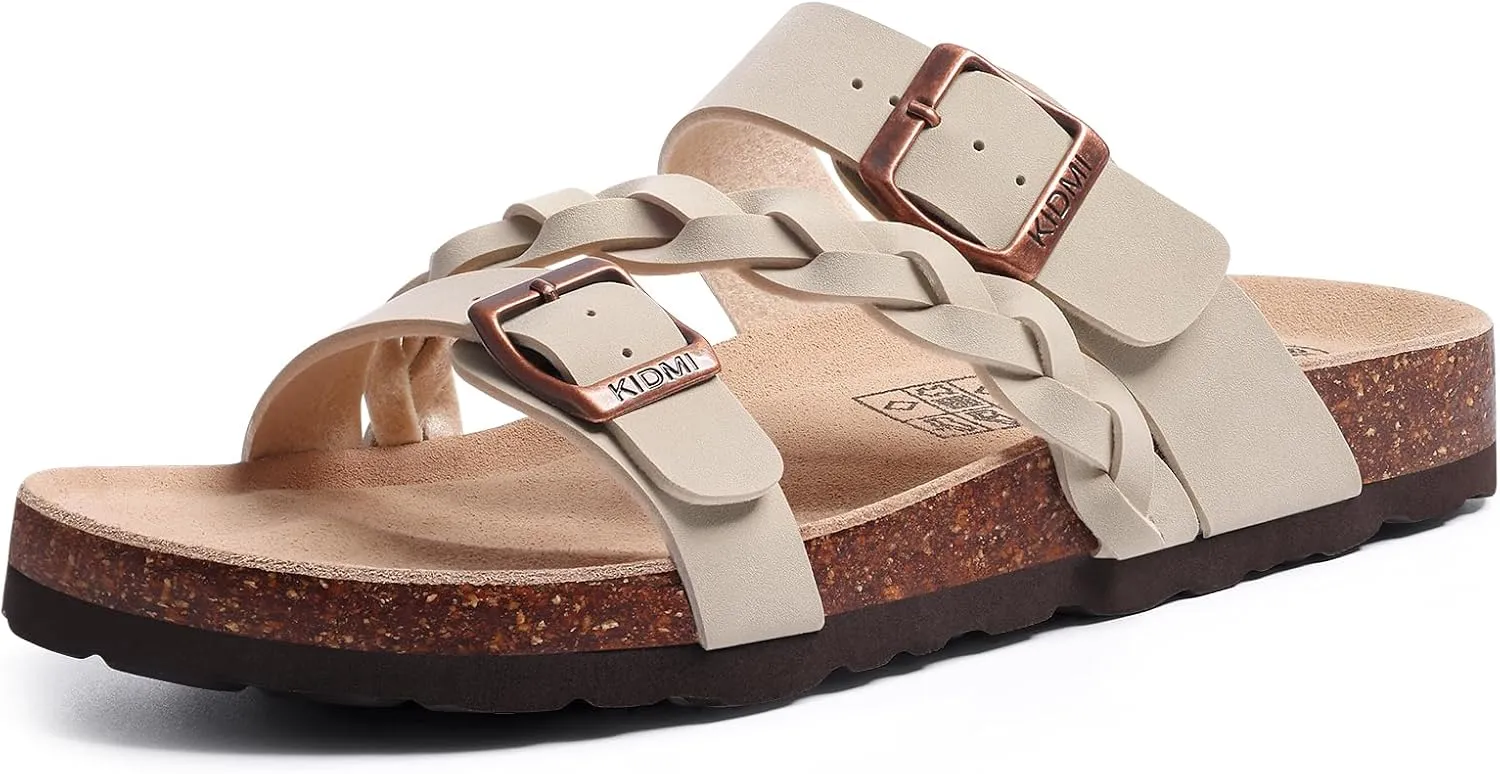 KIDMI Women's Cork Footbed Sandals with Arch Support Comfortable Slip-On Slide Sandals With Adjustable Buckle for Summer