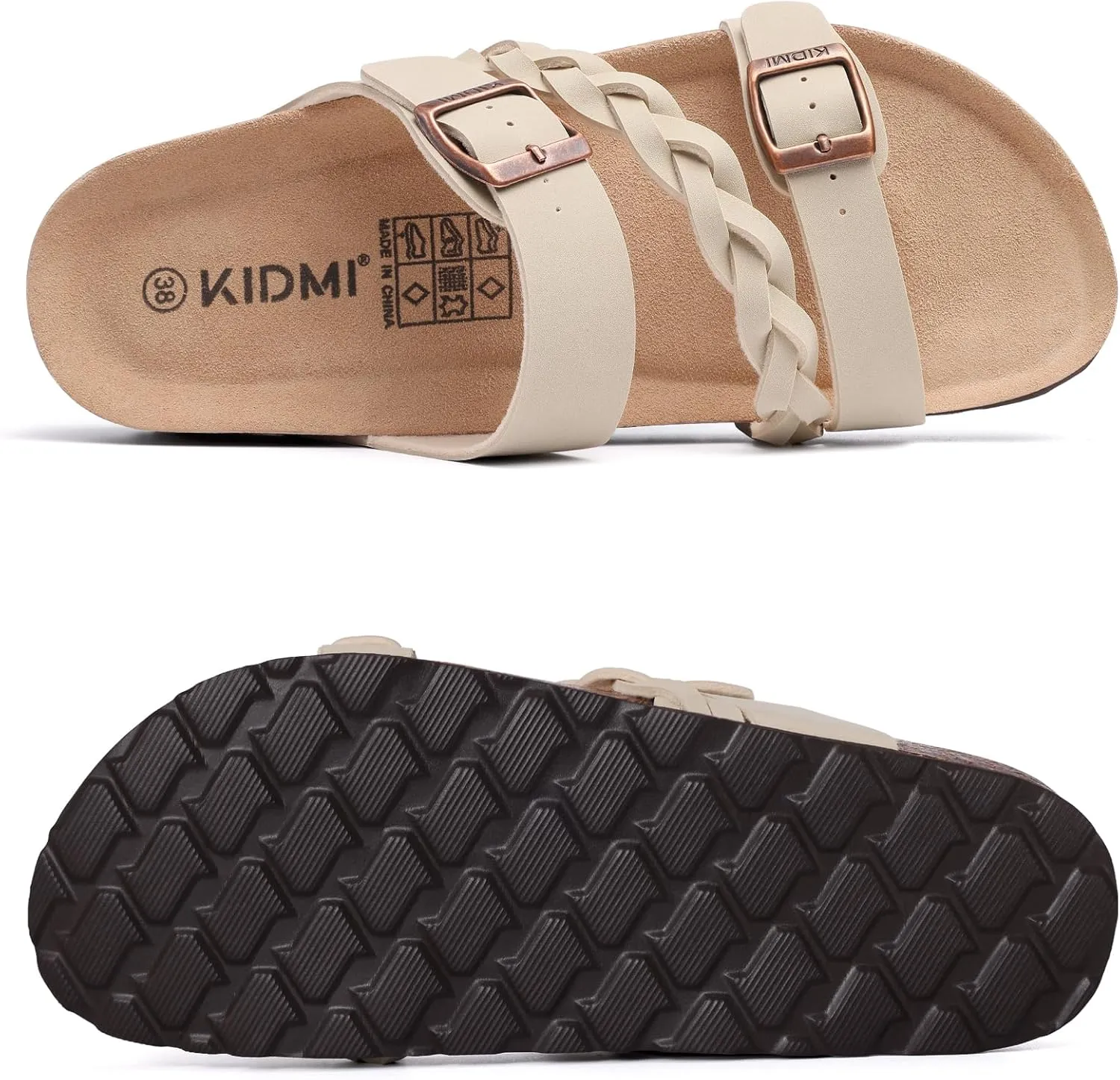KIDMI Women's Cork Footbed Sandals with Arch Support Comfortable Slip-On Slide Sandals With Adjustable Buckle for Summer