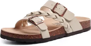 KIDMI Women's Cork Footbed Sandals with Arch Support Comfortable Slip-On Slide Sandals With Adjustable Buckle for Summer